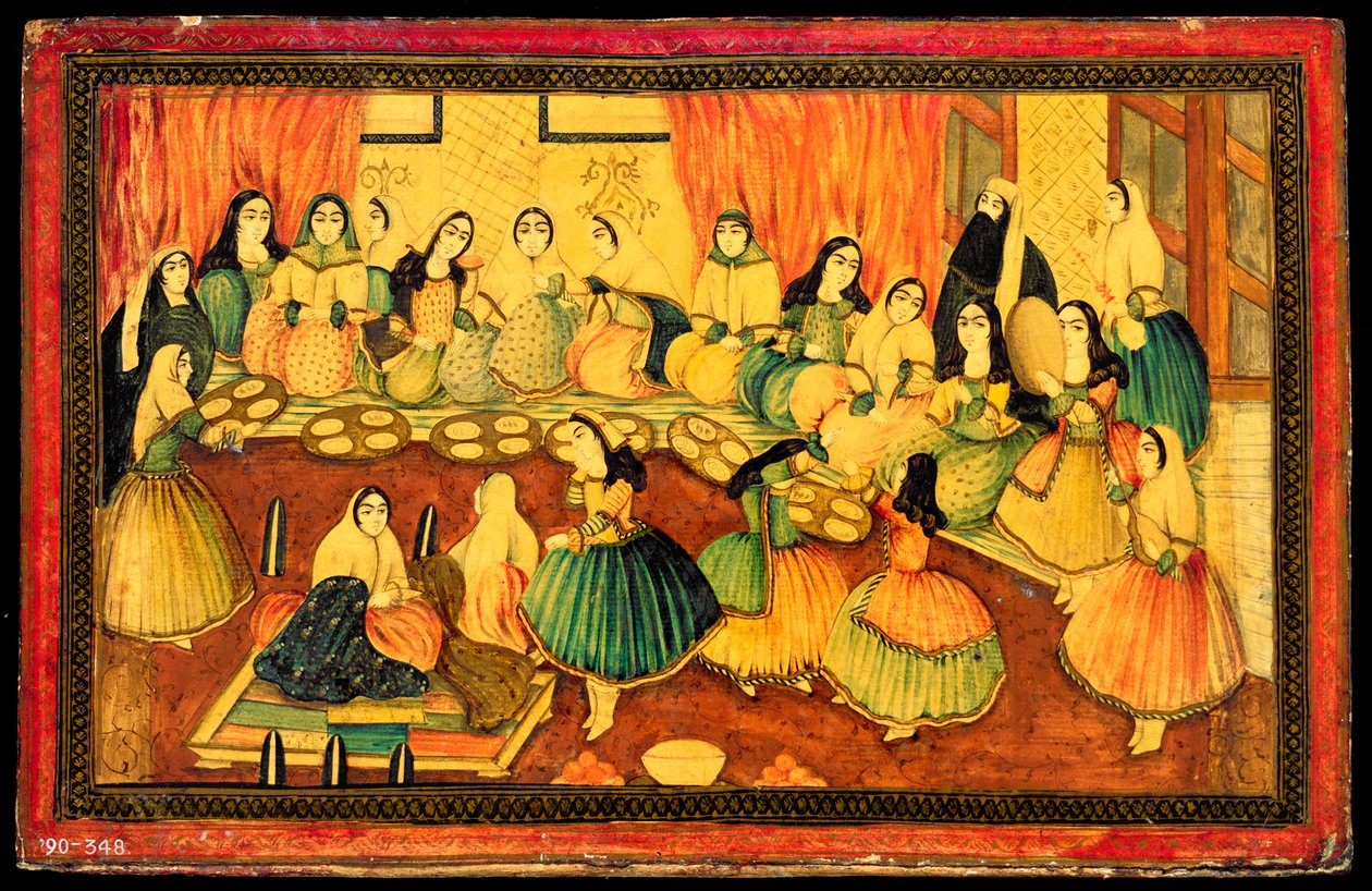 Perzsa hölgyek társasági partija, egy könyvborító fele, Irán, 19. század (színes papírmasé arannyal és tintával) alkotó: Persian School