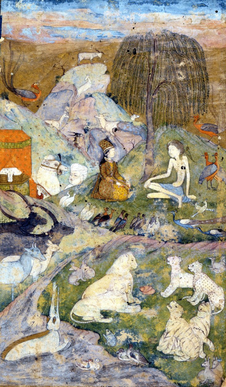 A 17. századi perzsa miniatúra, amely a világ teremtését ábrázolja: Férfi és Nő, valamint minden állat az élet fája közelében. Zoroasztrianizmus: Zarathustra vallása (Zarathustra, Zarathushtra, Zarathustra vagy Zoroastra) alkotó: Persian School