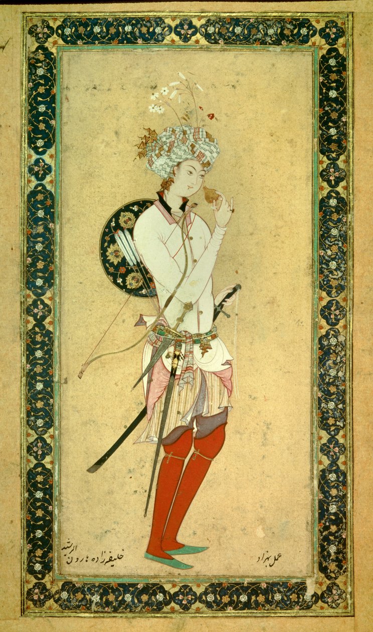 Haroun al-Rashid (Harun al-Rashid vagy al-Rashid (al-Rashid) vagy ar Rashid (ar-Rashid) vagy el Rashid (el-Rashid) vagy el Raschid (el-Rashid) vagy al-Rashid (al-Rashid) portréja , Abassid kalifa (766? 809.) Perzsa miniatűr alkotó: Persian School
