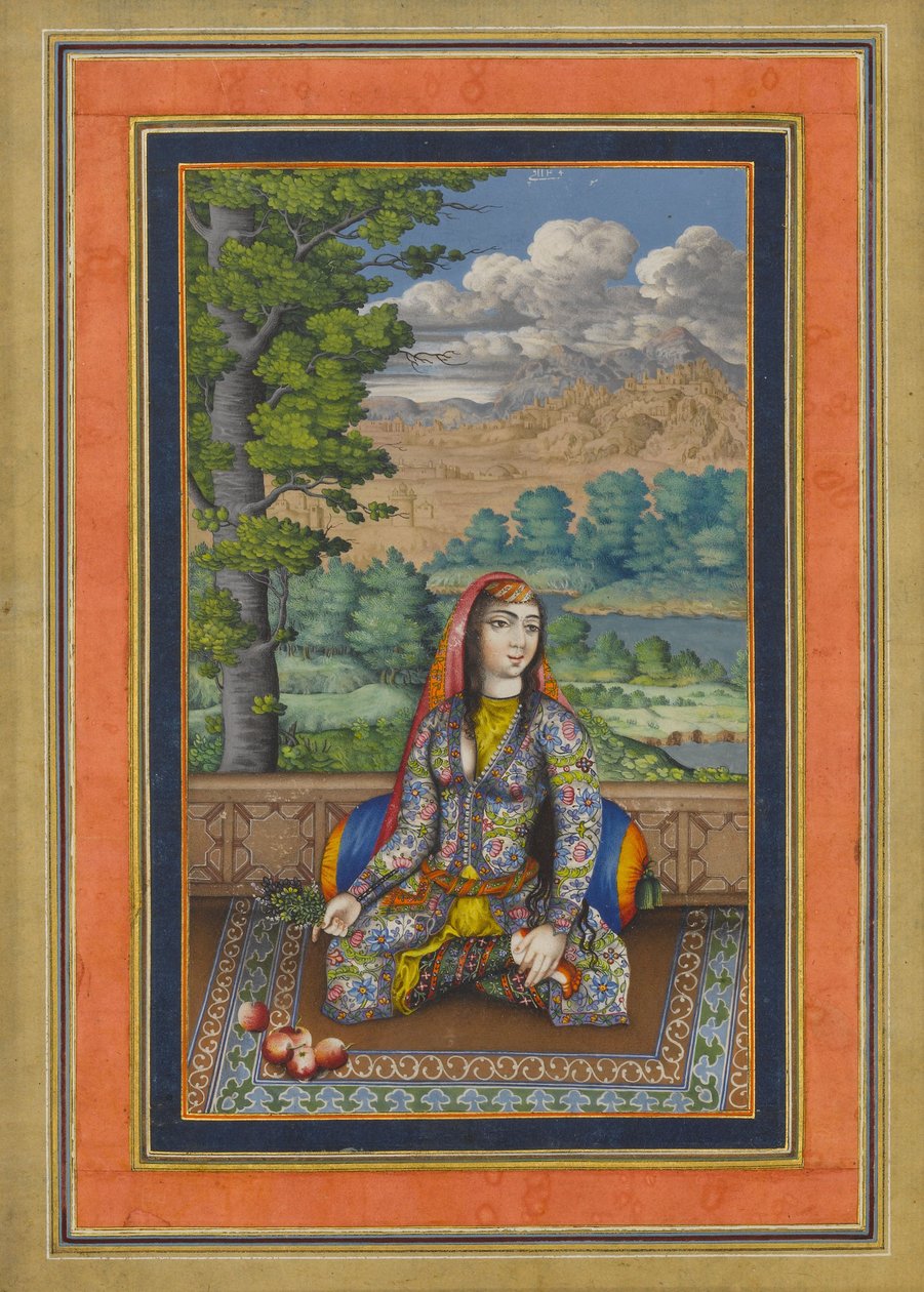 Egy perzsa hölgy portréja, Folio a Davis-albumból, 1736-37 körül (tinta, átlátszatlan akvarell és arany papíron) alkotó: Persian School