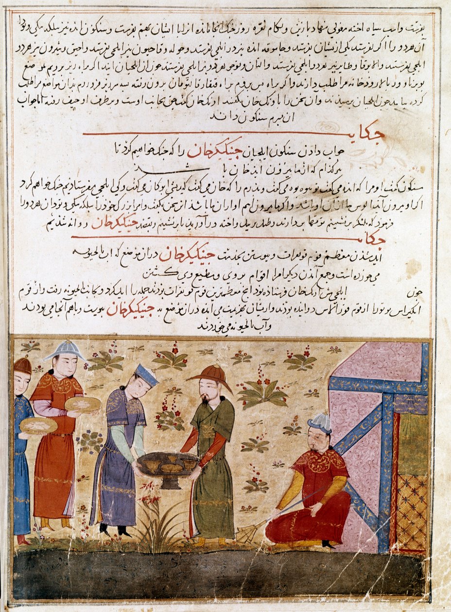 A szövetséget kötõ Dzsingisz kán (1162-1227) képviselete. Perzsa miniatúra, amelyet Rashid al-din (al din) (1247-1318) történész „” Jami al-tawarikh” (Dzsami al-Tawarikh) vagy „” Egyetemes történelemből” vett át. 1430 körül. Paris, B.N. alkotó: Persian School
