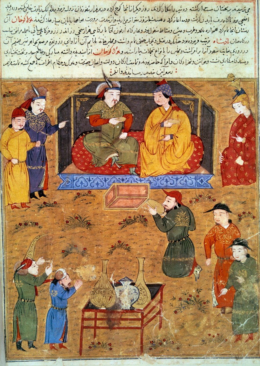 Houlagou kán (1217-1265) ábrázolása, ő Dzsingisz kán perzsa miniatúrájának unokája, amelyet Rasid al-din történész „” Dzsami al-tawarikh” (Dzsami al-tawarikh) vagy „” Egyetemes történelem”-ből vett. din) (1247-1318) 1430 körül Párizs, B.N. alkotó: Persian School