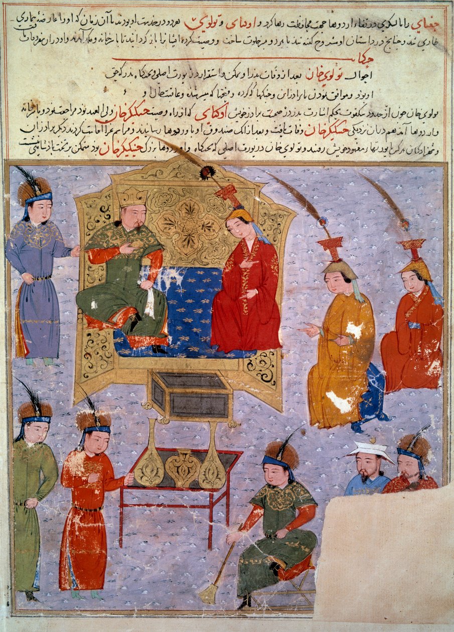 Houlagou kán (1217-1265) ábrázolása, ő Dzsingisz kán perzsa miniatúrájának unokája, amelyet Rasid al-din történész „” Dzsami al-tawarikh” (Dzsami al-tawarikh) vagy „” Egyetemes történelem”-ből vett. din) (1247-1318) 1430 körül Párizs, B.N. alkotó: Persian School