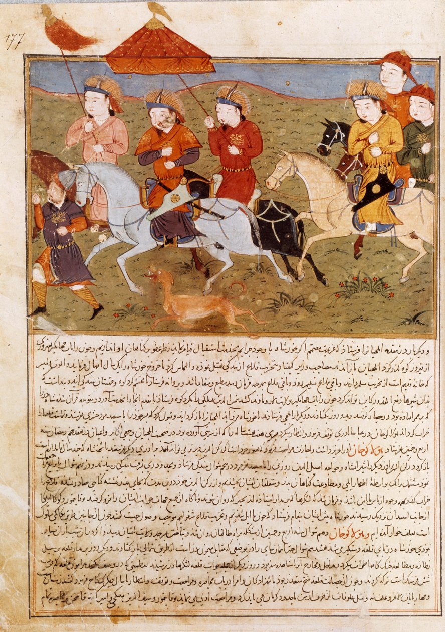 Houlagou kán, Dzsingisz kán lovagló unokája ábrázolása. Dzsami al-Tawarikhtól vett perzsa miniatűr” (Dzsami al-Tawarikh) vagy „”Univerzális történelem””, Rashid al-din (al din) történész (1247-1318) 1430 körül. Paris, B.N. alkotó: Persian School