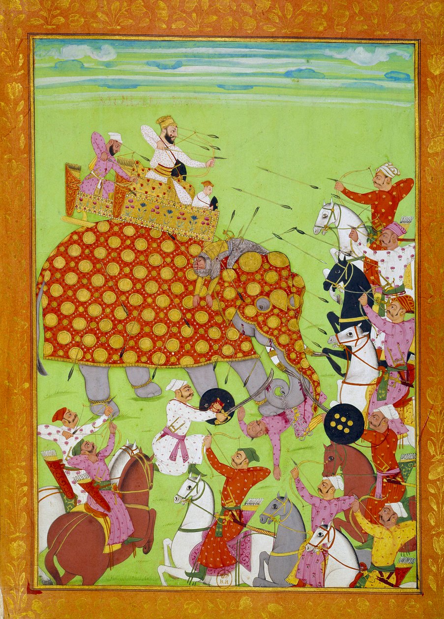 Murad (Mourad) Baksh (1624-1661), Shah Jehan mogul császár fia (vagy Shah Jehan, Shahjehan) egy elefánton harcoló ábrázolása. Perzsa miniatűr a 17. századi Párizsról, B.N. alkotó: Persian School