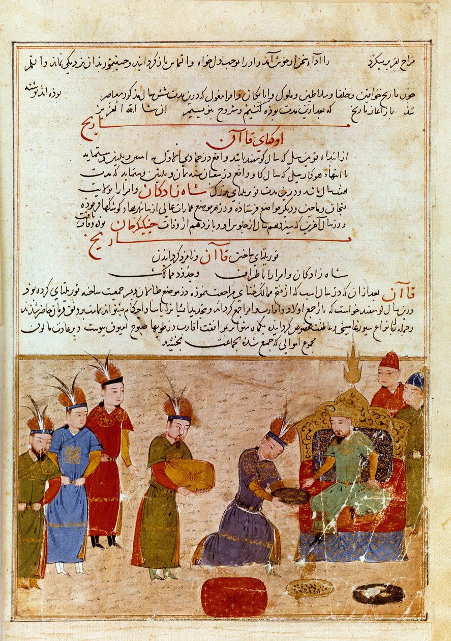 Ogodei kán (1186-1241) képviselője, Dzsingisz kán fia. Perzsa miniatúra, amelyet Rashid al-din (al din) (1247-1318) történész „” Jami al-tawarikh” (Dzsami al-Tawarikh) vagy „” Egyetemes történelemből” vett át. 1430 körül. Paris, B.N. alkotó: Persian School