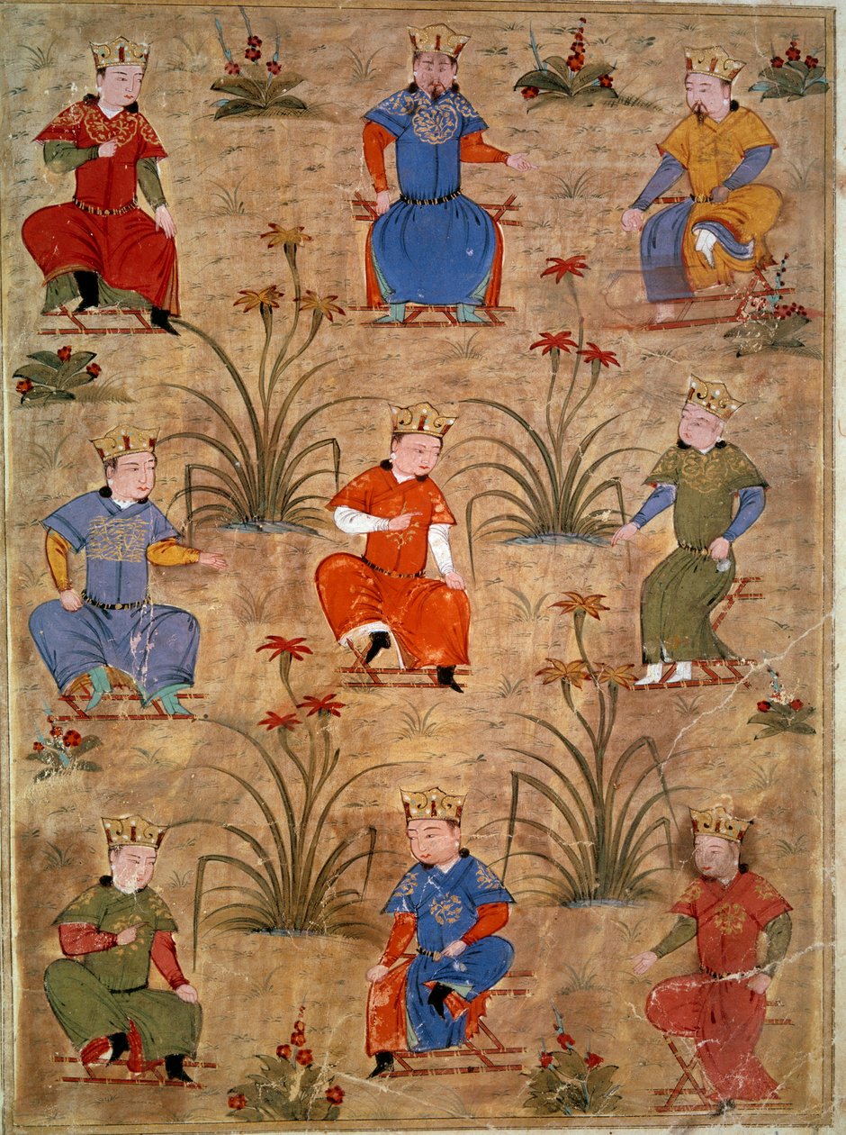 Dzsingisz kán unokaöccseinek ábrázolása a „Dzsami al-Tawarikh” (Dzsami al-Tawarikh) vagy a „Világtörténelem”-ből vett perzsa miniatűr Rashid al-din (al din) (1247-1318) történésztől. 1430 körül. Párizs, B.N. alkotó: Persian School