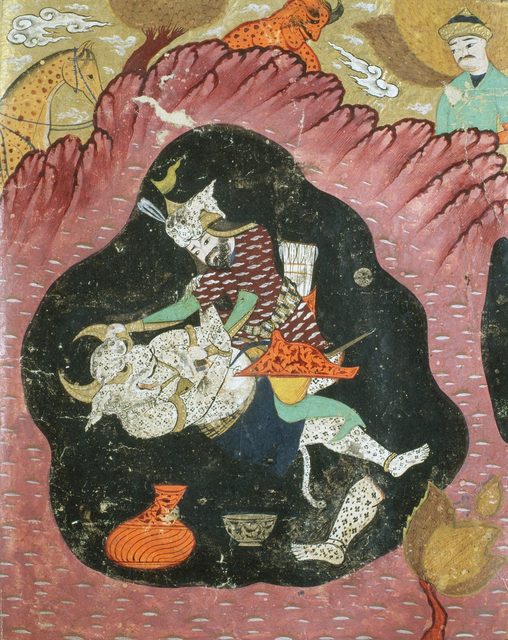 Rostam megöli a Fehér Démont egy barlangban, illusztráció a Shahnamából (Királyok Könyvéből), Abul-Qasim Manur Firdawsi (934 körül-1020 körül) 1615 alkotó: Persian School