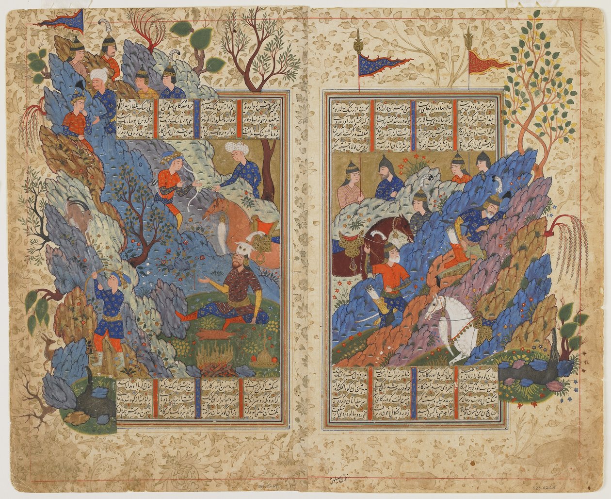 Rusztam visszarúgja a sziklát, amelyet Bahman hengerelt rá egy Shahnamából (Királyok könyve), 1590-1600 körül (tinta, átlátszatlan akvarell és arany papíron) alkotó: Persian School