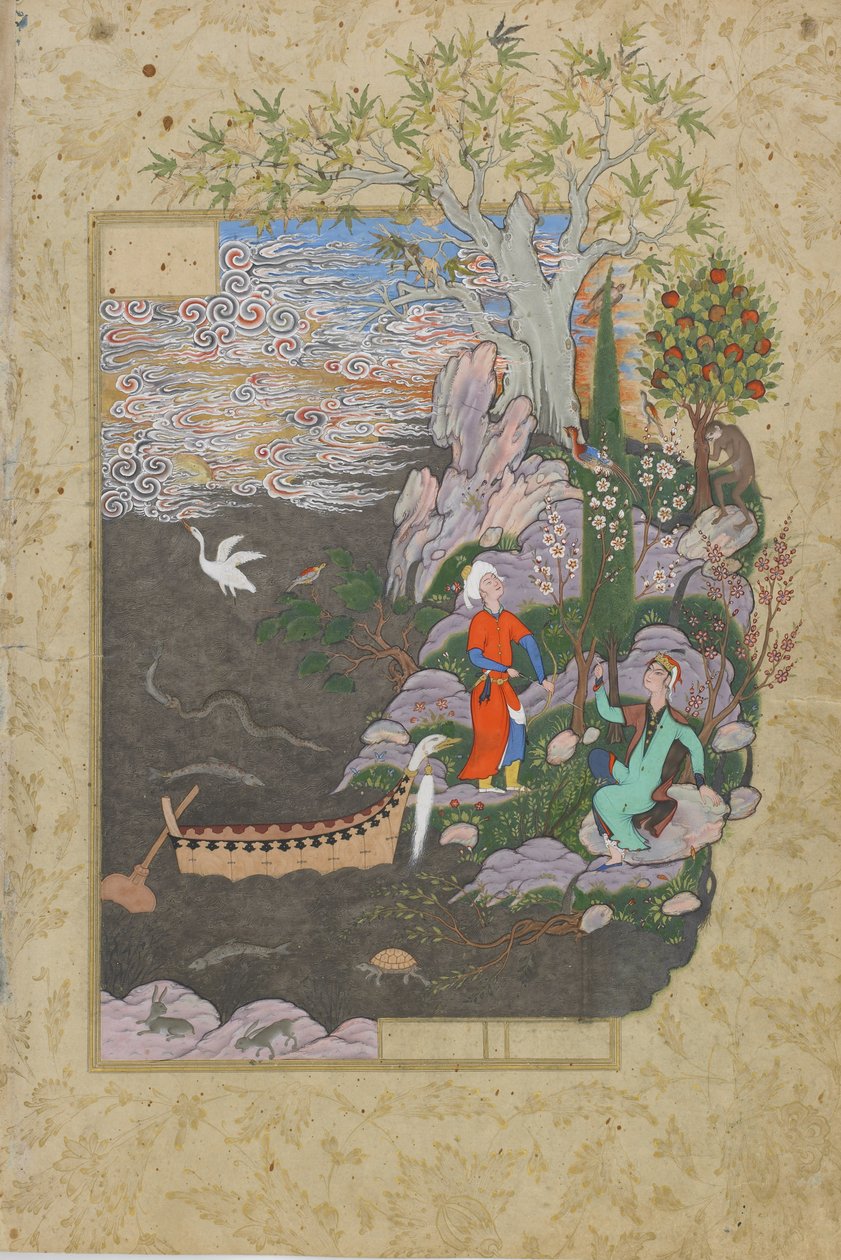 Salaman és Absal nyugszik a boldog szigeten, Jami (1492) Haft awrang (Hét trón) fóliója, valószínűleg Mashad, Khurasan, Irán, Szafavida-dinasztia, 1556-1565 (tinta, átlátszatlan akvarell és arany a p. alkotó: Persian School