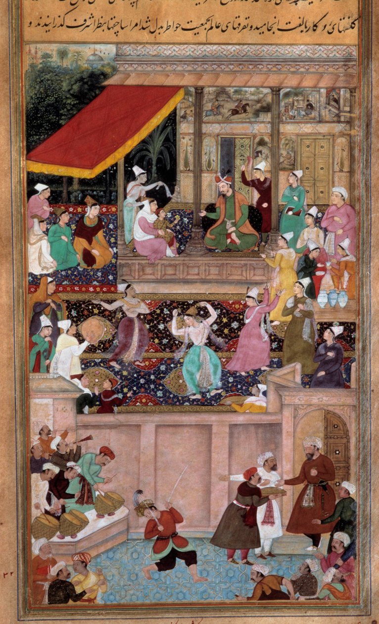 Tánc, zene, szórakozás jelenete egy szultán udvarában. perzsa miniatűr alkotó: Persian School