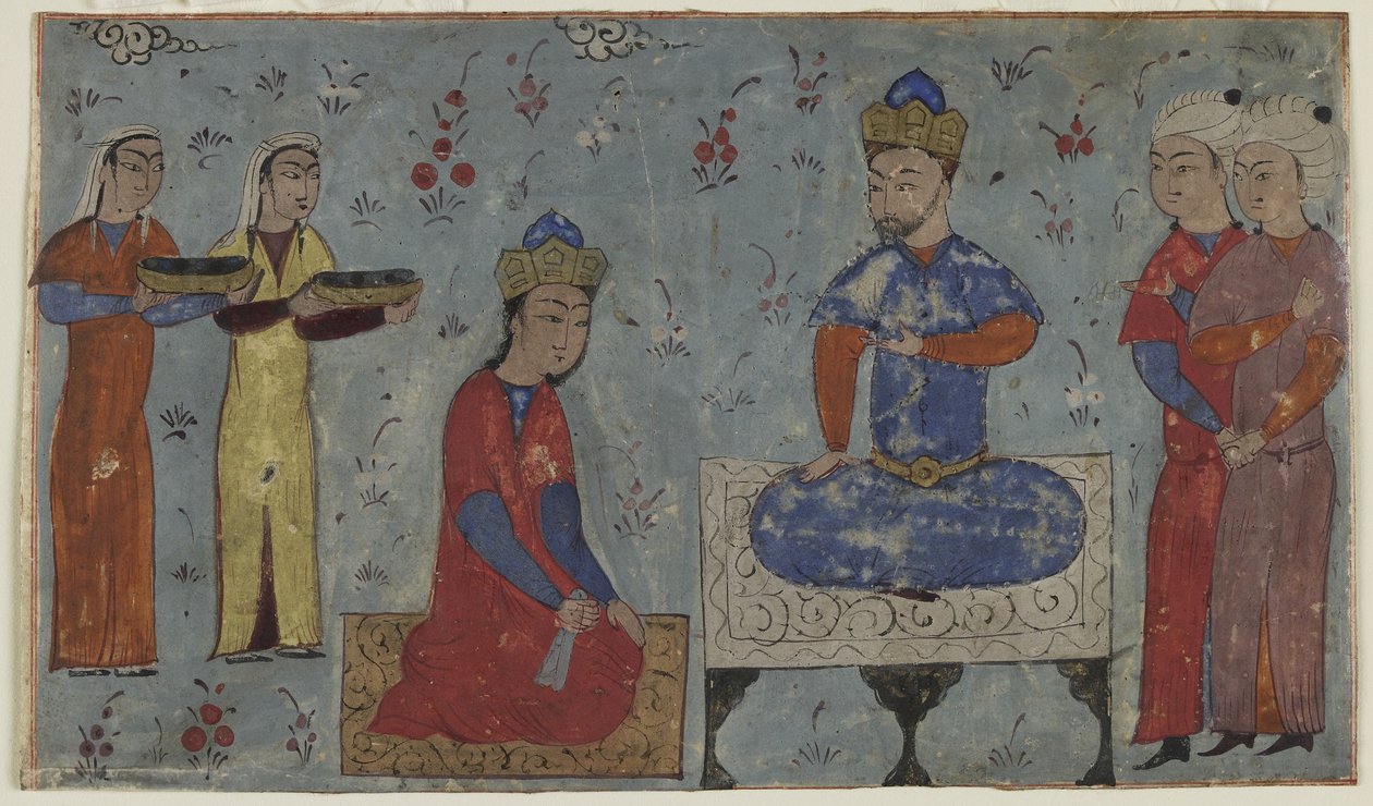 Sindukht Sam előtt (átlátszatlan akvarell, tinta és arany papíron) alkotó: Persian School