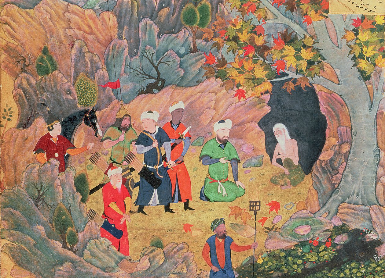 Iskandar szultán meglátogat egy remetét a nizami „Khamsa”-ból, Heratból alkotó: Persian School