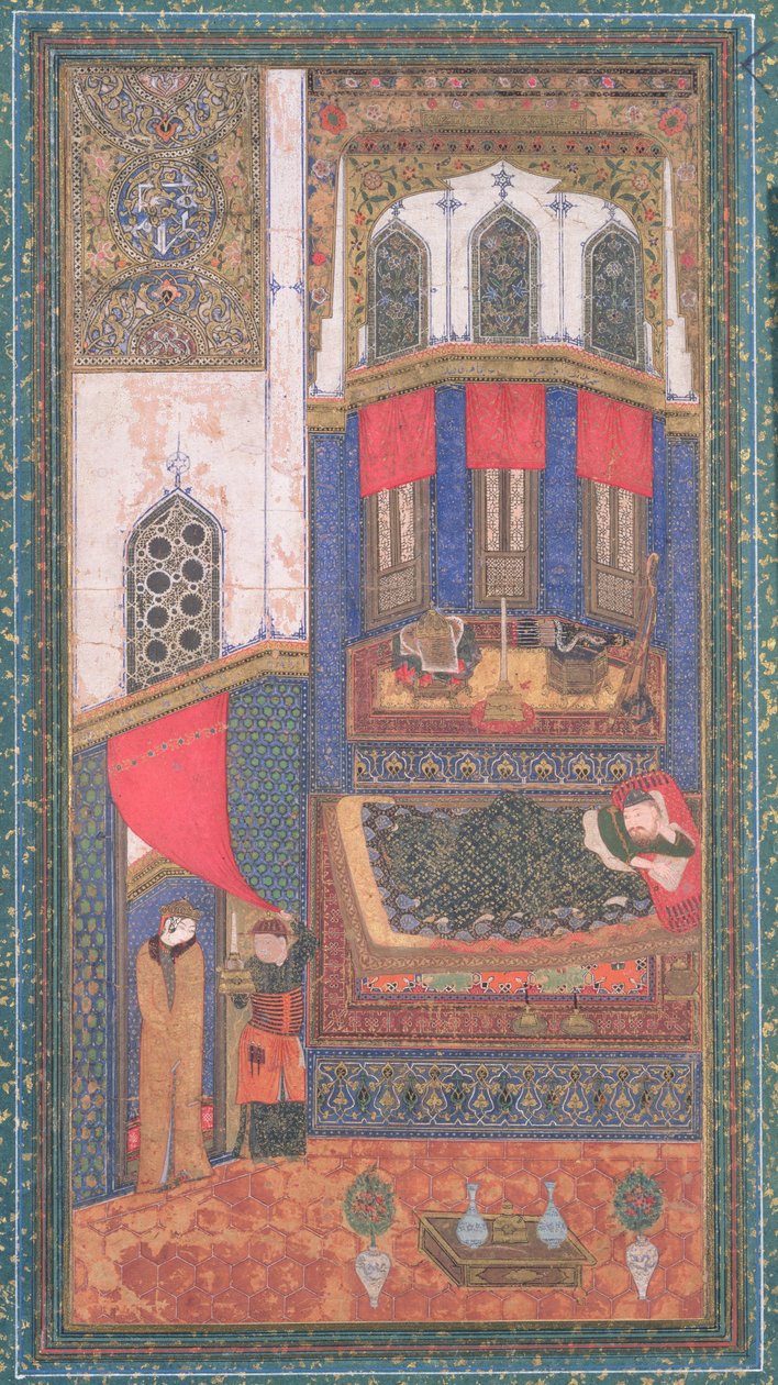 Tahmina bekerül a Rustams kamrába, illusztráció a Shahnama-ból (Királyok könyvéből), Abul-Qasim Manur Firdawsi (kb. 934-kb. 1020), Heratból, Afganisztánból, 1410 körül (átlátszatlan wc és arany papíron) alkotó: Persian School
