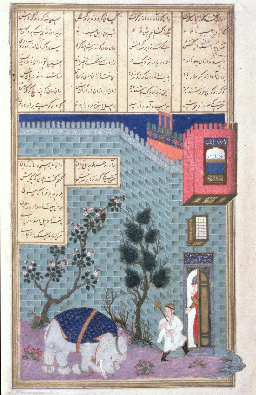A gyermek Rusztam megöli az őrült elefántot, illusztráció a Shahnama-ból (Királyok könyvéből), Abul-Qasim Manur Firdawsi (kb. 934-kb. 1020) kb. 1440-45 (toll, tinta és wc pergamen) alkotó: Persian School