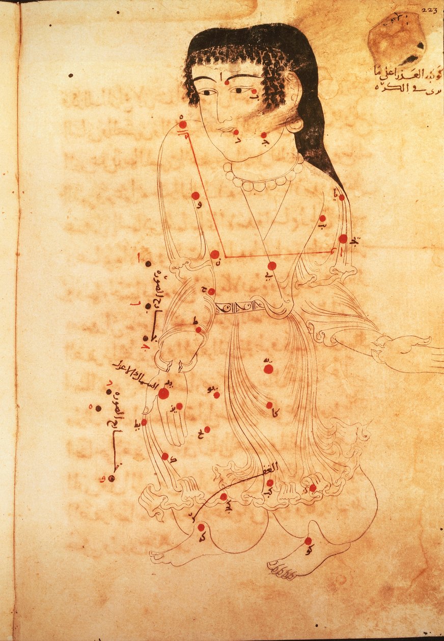 A Szűz Csillagkép, Azophi (Abd al-Rahman al-Sufi) illusztrációja „Az állócsillagok könyvéből” (vellum) alkotó: Persian School