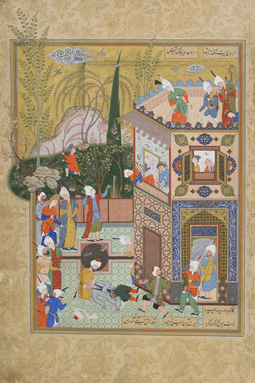 Az ingatag, öreg szeretőt leütötték a tetőről, Jami (1492) Haft awrang (Hét trón) fóliója, valószínűleg Mashad, Khurasan, Irán, Safavid-dinasztia, 1556-1565 (tinta, átlátszatlan akvarell és arany) alkotó: Persian School