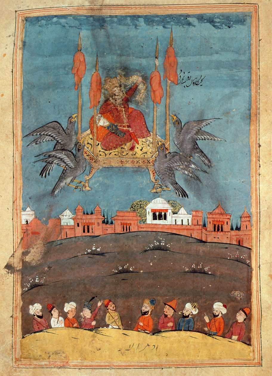 A repülő szőnyeg, Nizami „Layla és Majnun” című verséből (guache papíron) alkotó: Persian School