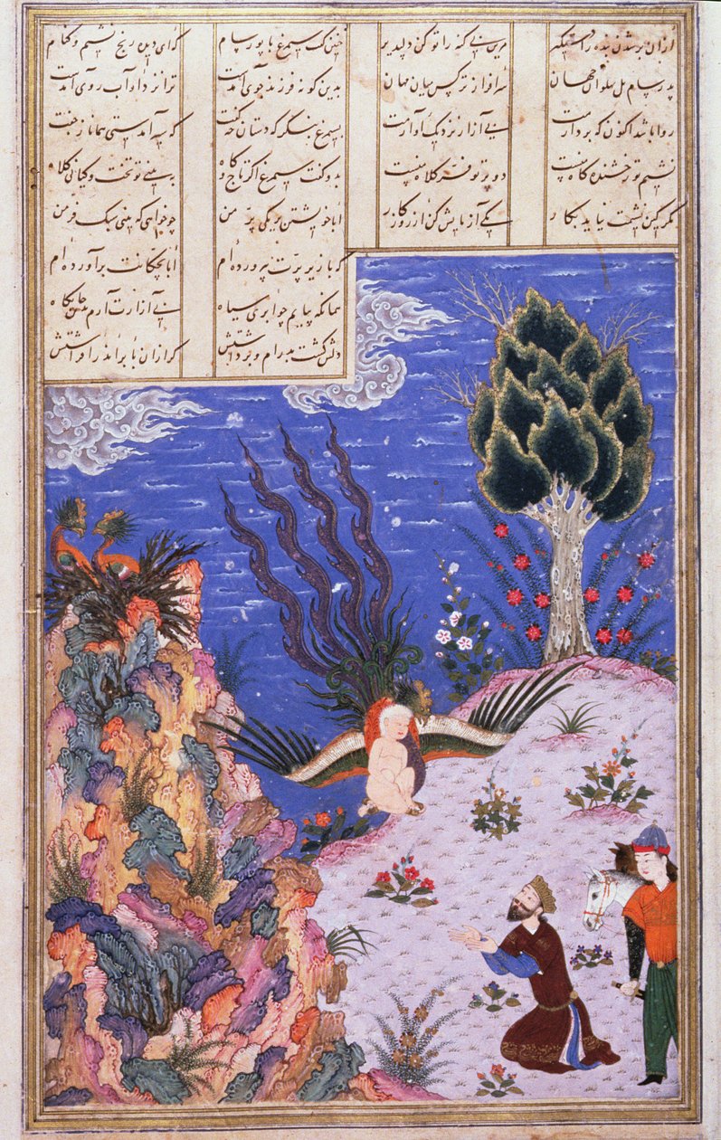 A Simurgh visszaadja a gyermek Zal-t apjának, Samnek, illusztráció a Shahnama-ból (Királyok könyve), Abul-Qasim Manur Firdawsi (kb. 934-kb. 1020) kb. 1440-45 (toll, tinta és wc pergamen) alkotó: Persian School