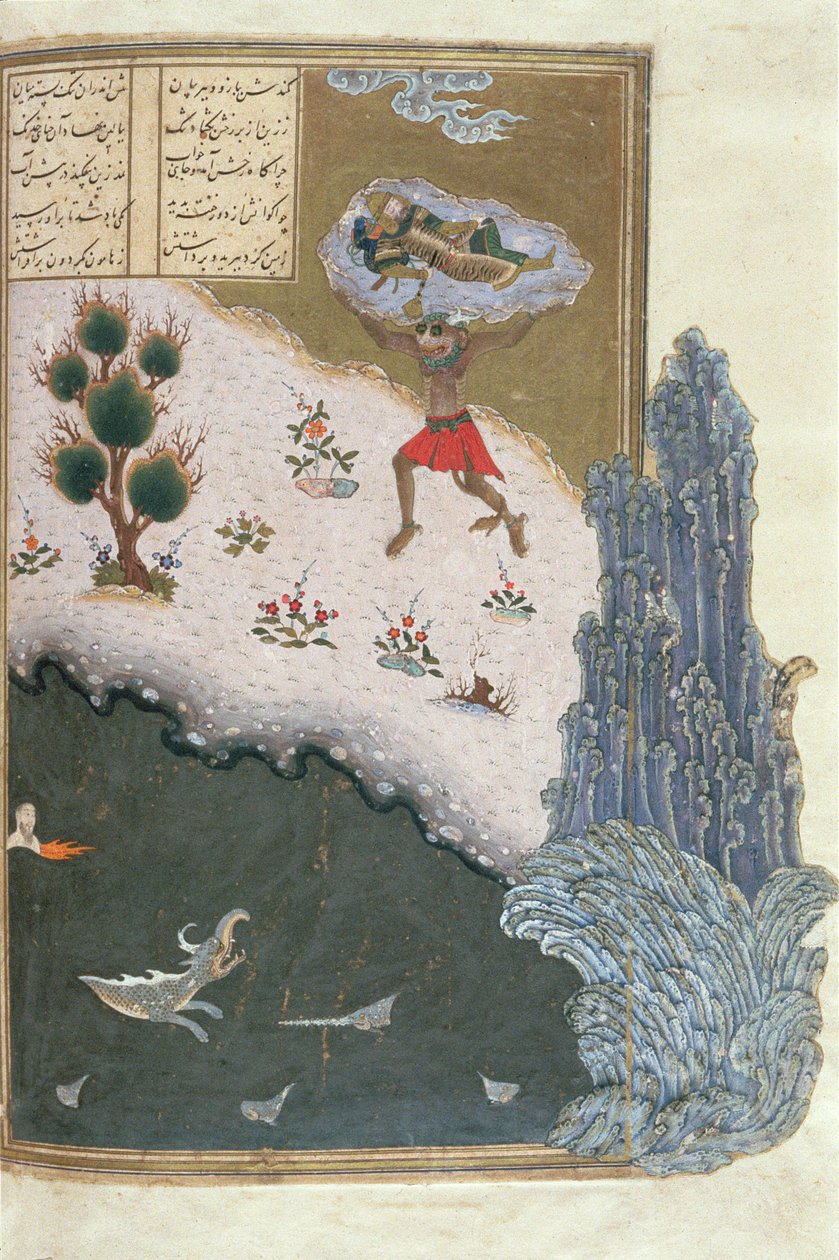 Az alvó rusztam, akit Akwan démon szállított a levegőben, illusztráció a Shahnama-ból (Királyok könyvéből), Abul-Qasim Manur Firdawsi (kb. 934-kb. 1020) kb. 1440-45 (toll, tinta és wc pergamen). ) alkotó: Persian School