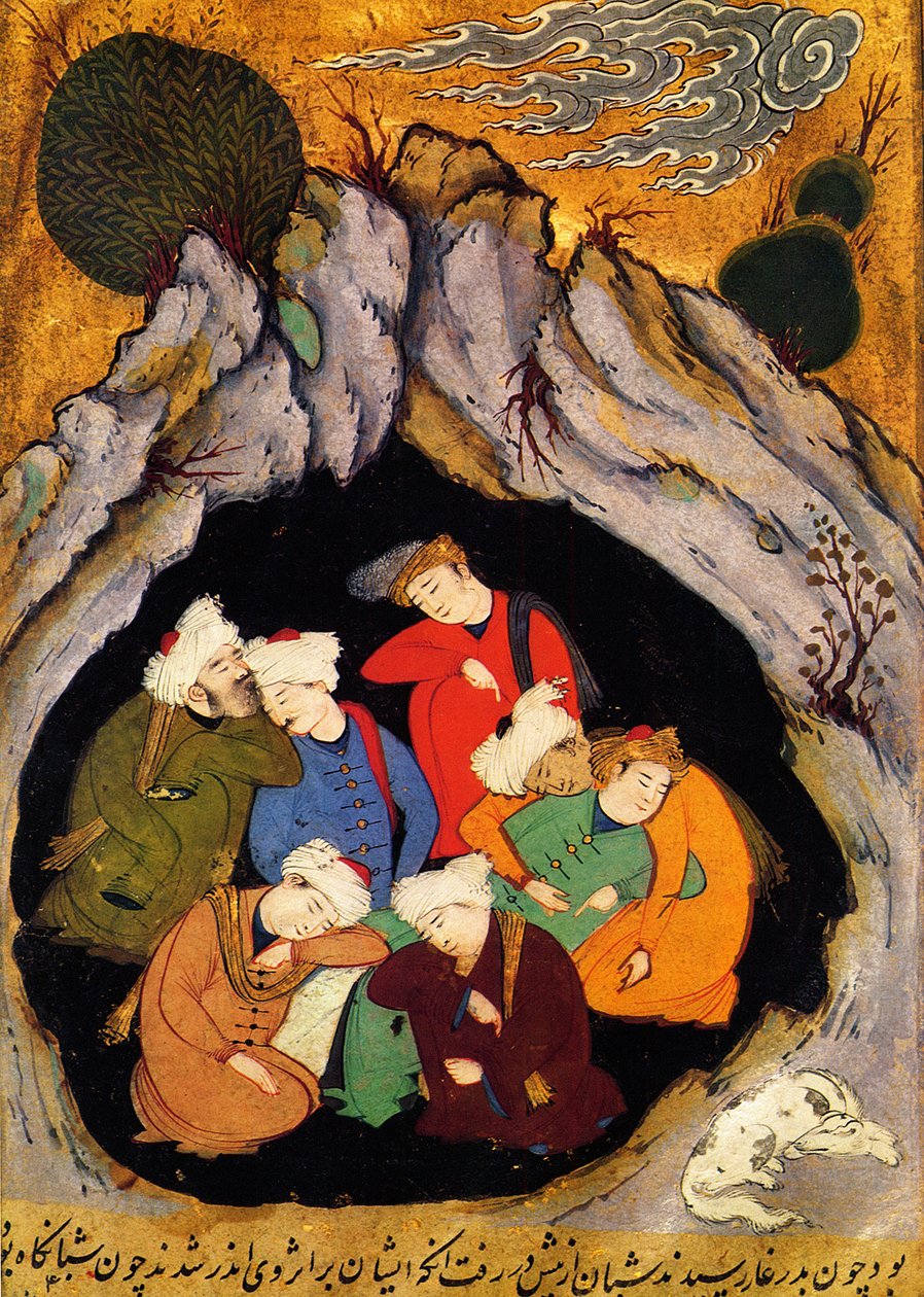 „The Sleeping Seven of Ephesus”” Jacobus (James) de Voragine (1228-1298) „Az arany legendájából”. XVI. századi xilográfia. A „Próféták története” kézirat 16. századi perzsa miniatúrája, 1550 körül alkotó: Persian School