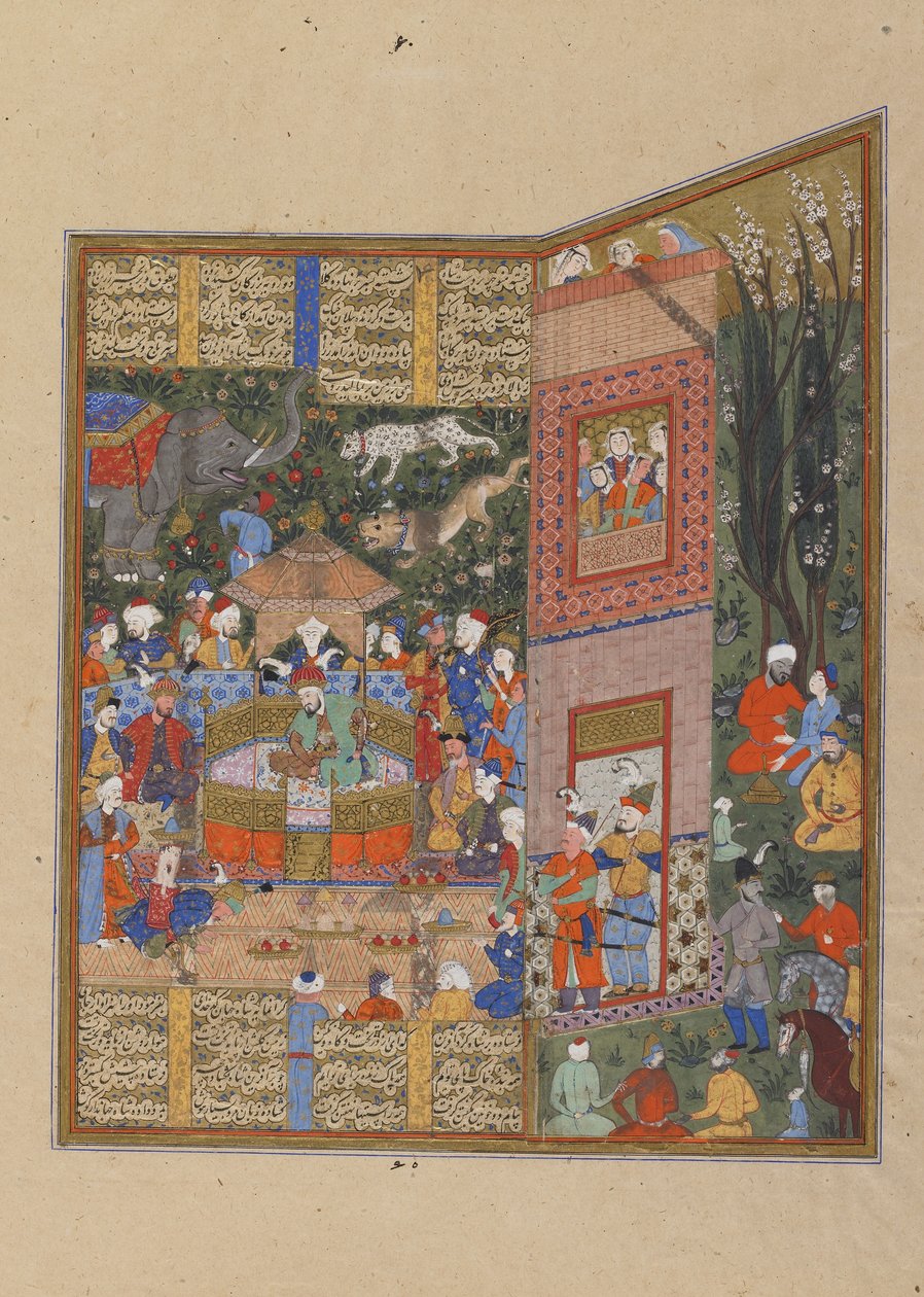 Salm és Tur követei Faridun előtt, 1560 körül (átlátszatlan akvarell, tus és arany papíron) alkotó: Persian School