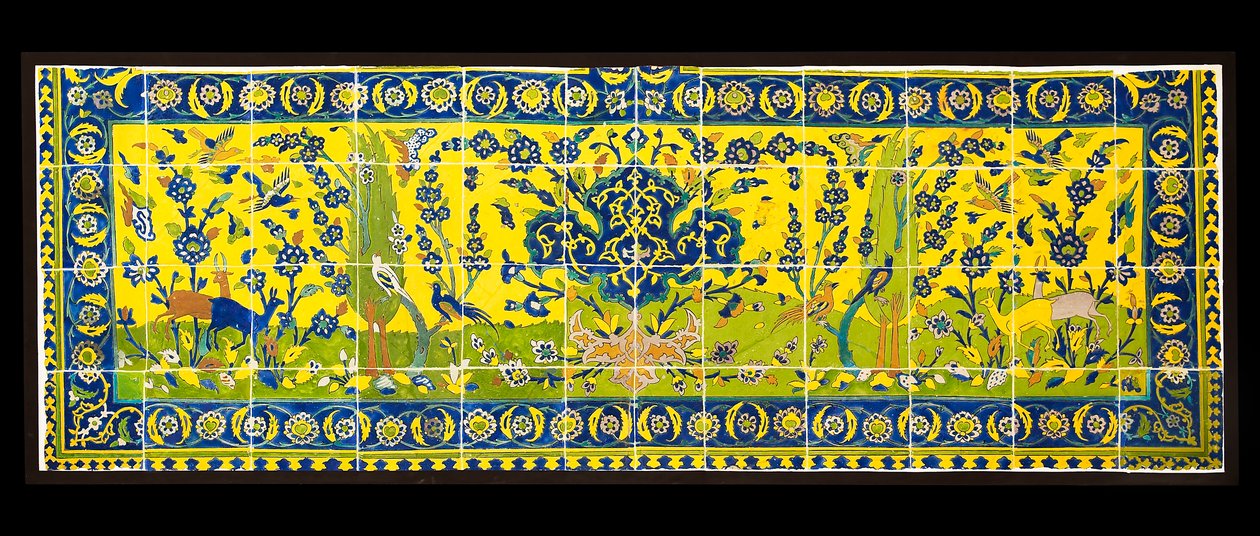 Természeti jelenetet ábrázoló csempe, Iszfahánból, Iránból, valószínűleg a 17. század körül (máz alatti polikróm cserép) alkotó: Persian School