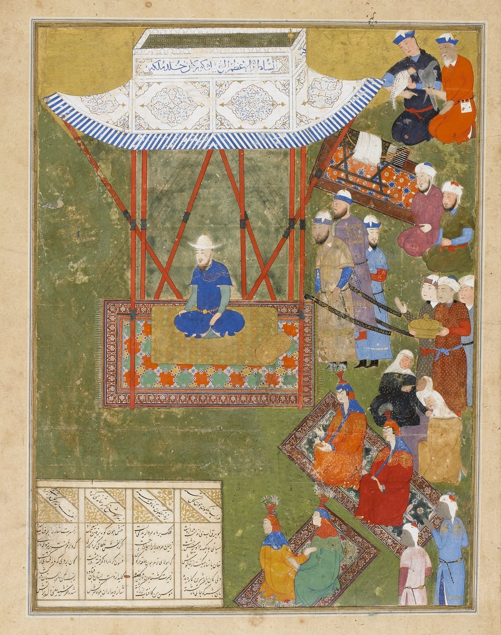 Ulugh bég háremhölgyeivel és őrzőivel, Irán, Timurid-dinasztia, 1425-50 (átlátszatlan akvarell, tus és arany papíron) alkotó: Persian School
