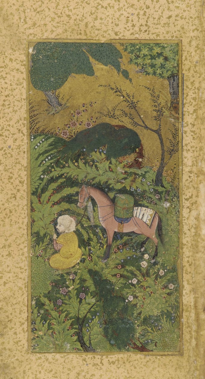 Várakozó vőlegény lóval az erdős ligetben, valószínűleg Tebriz, Turkomán dinasztia, 1500 körül (átlátszatlan akvarell és arany papíron) alkotó: Persian School