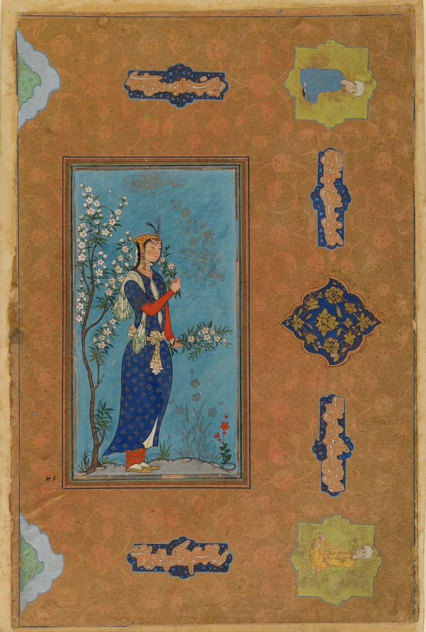 Nő virágpermettel, Safavid-korszak, 1575 körül (wc és arany papíron) alkotó: Persian School