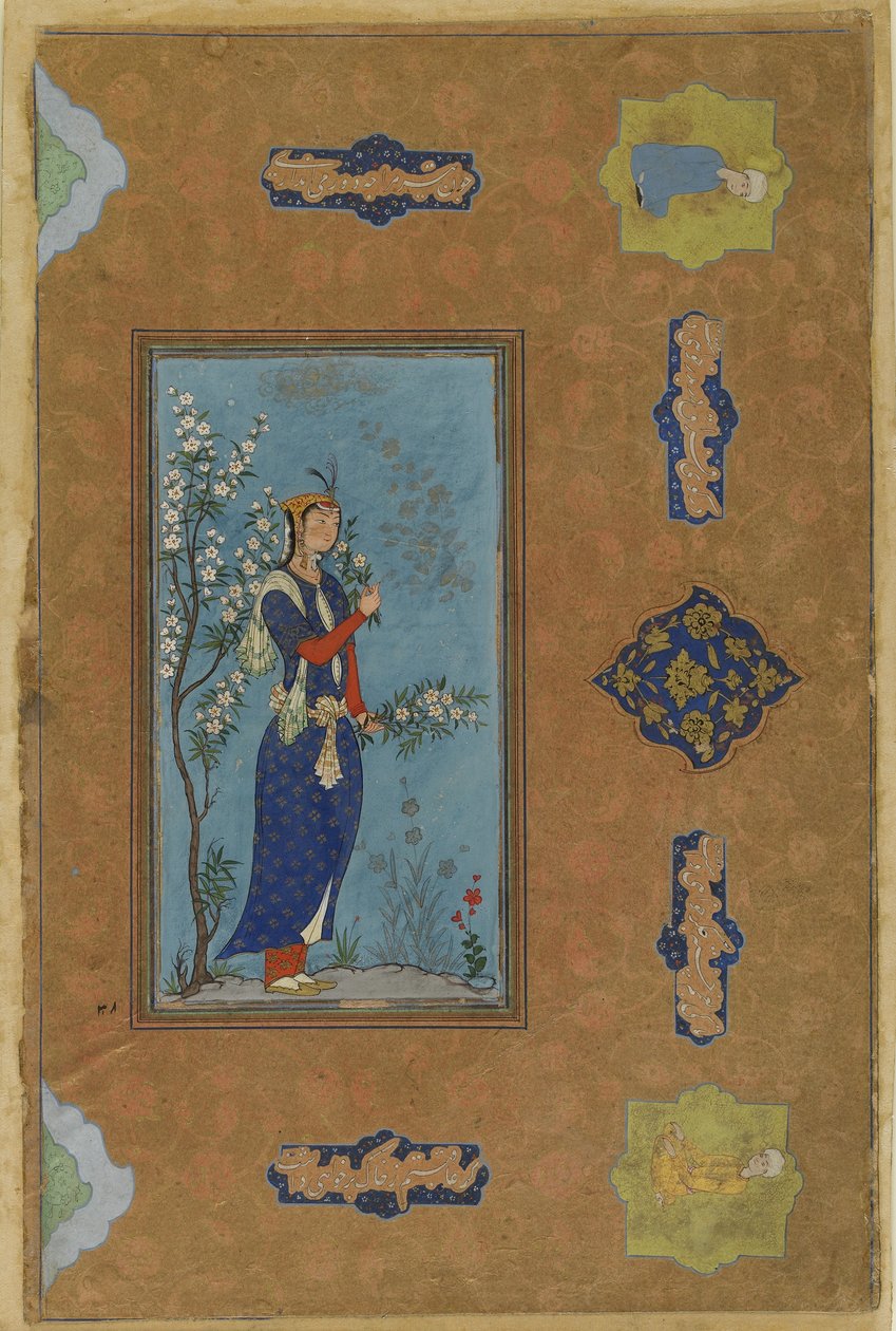 Nő virágpermettel, 1575 körül (átlátszatlan akvarell és arany papíron) alkotó: Persian School
