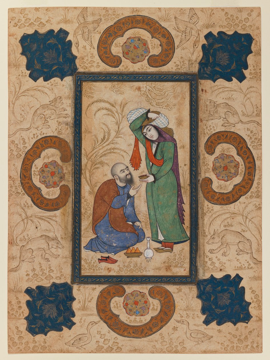 Fiatal nő bort kínál egy bölcsnek (tinta és átlátszatlan wc papíron) alkotó: Persian School