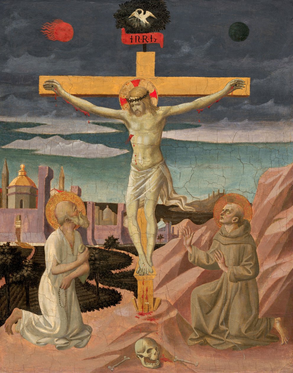 A keresztre feszítés Szent Jeromossal és Szent Ferenccel, c. 14451450. alkotó: Pesello Peselli