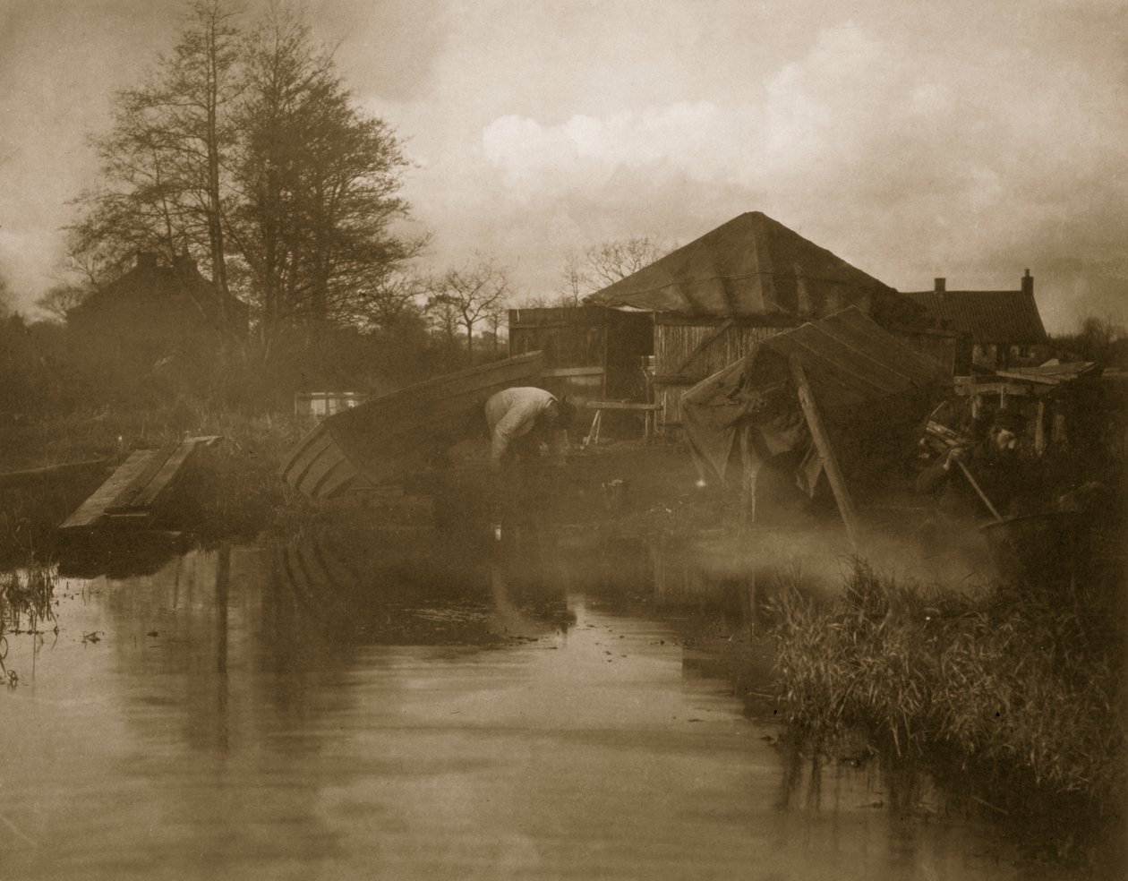 Egy norfolki csónakudvar, Élet és táj a Norfolk Broads-on, 1886 körül alkotó: Peter Emerson und Thomas Goodall