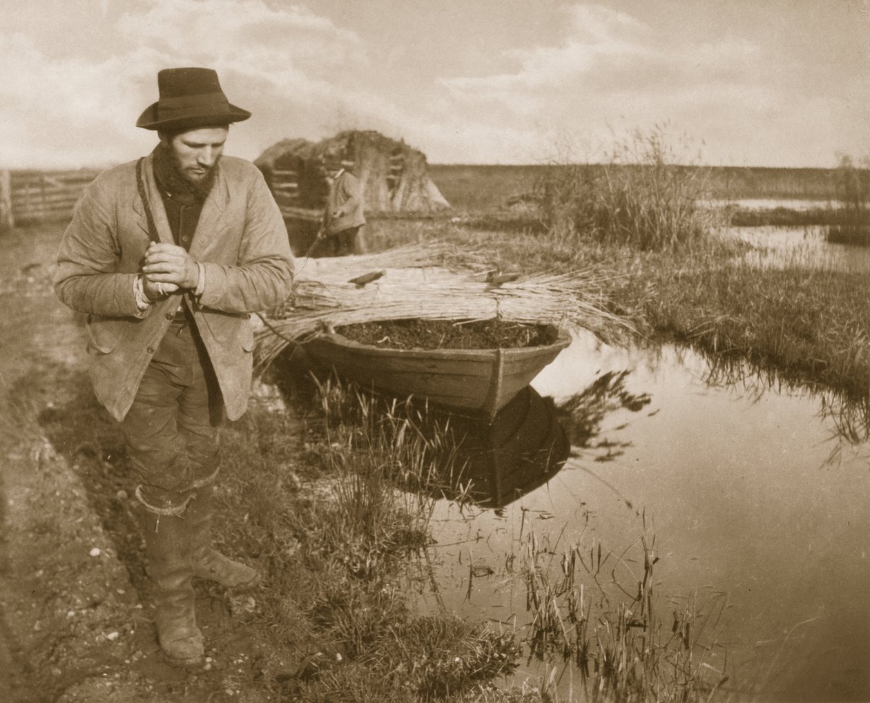 Nád vontatása, Élet és táj a Norfolk Broads-on, 1886 körül alkotó: Peter Emerson und Thomas Goodall