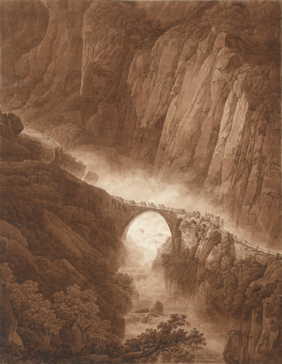 Az Ördög -híd a Schöllenen -szurdokban, útban a St. Gotthard -hágón, öszvérvonattal, 1805 előtt alkotó: Peter Birmann
