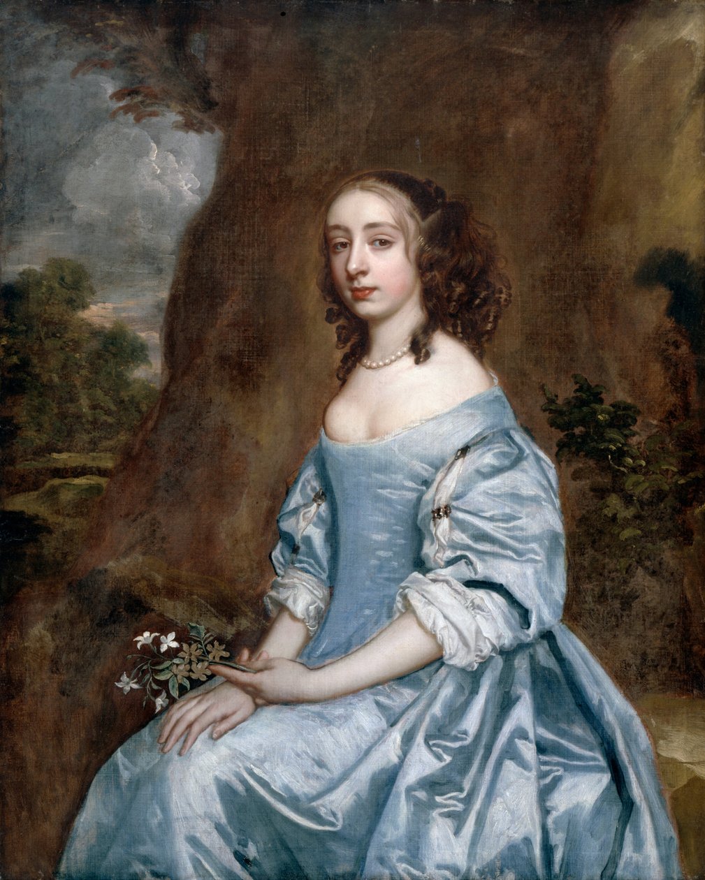 Egy kék színű hölgy portréja, aki virágot tart alkotó: Peter Lely