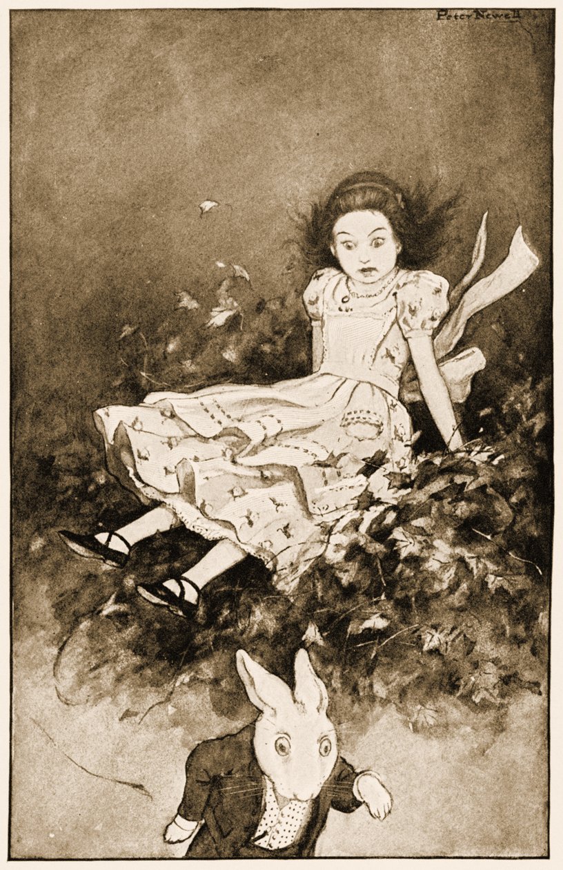 Lent egy halom száraz levélre bukkant, illusztrációja Lewis Carrolls Alices kalandjai Csodaországban, 1901-ben. alkotó: Peter Newell
