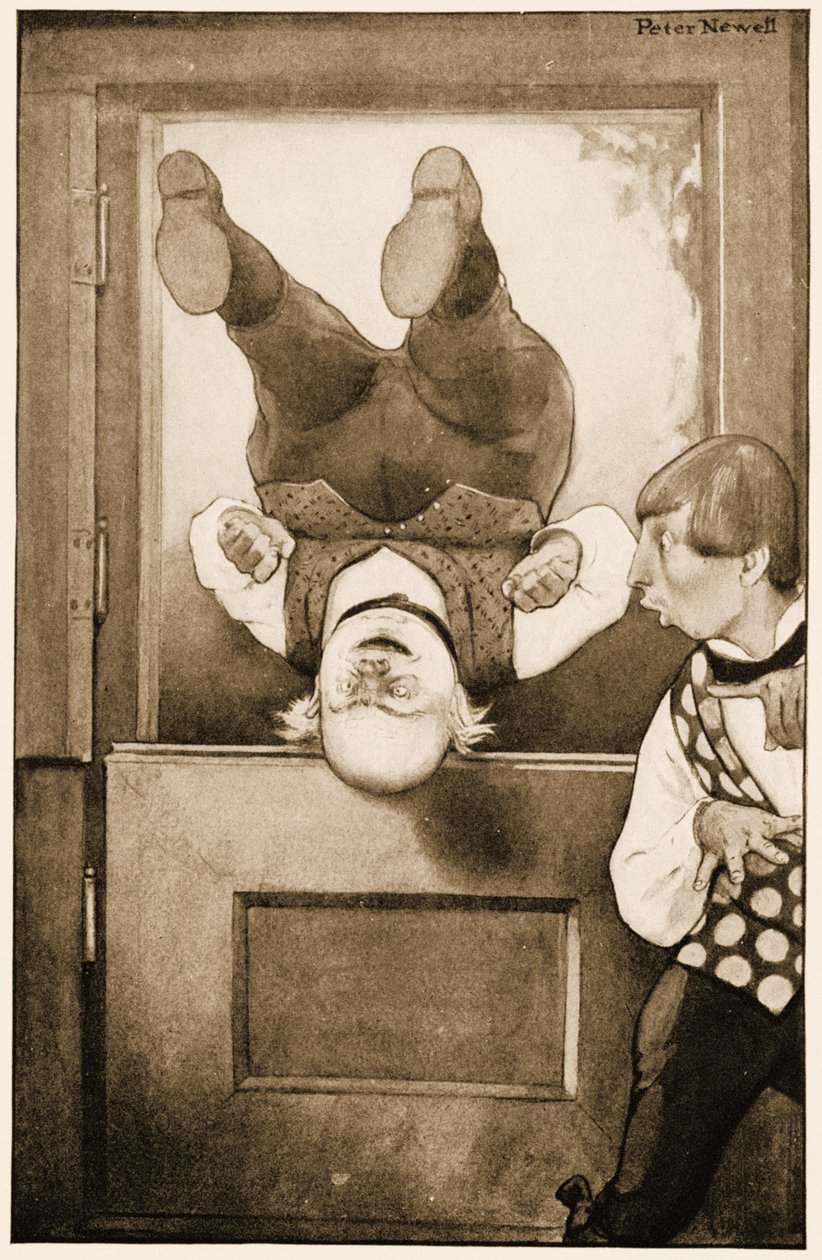 "Villamos atya háttal bukfencezik az ajtóban", illusztráció Lewis Carroll Alice Csodaországban című könyvéhez, 1901 alkotó: Peter Newell