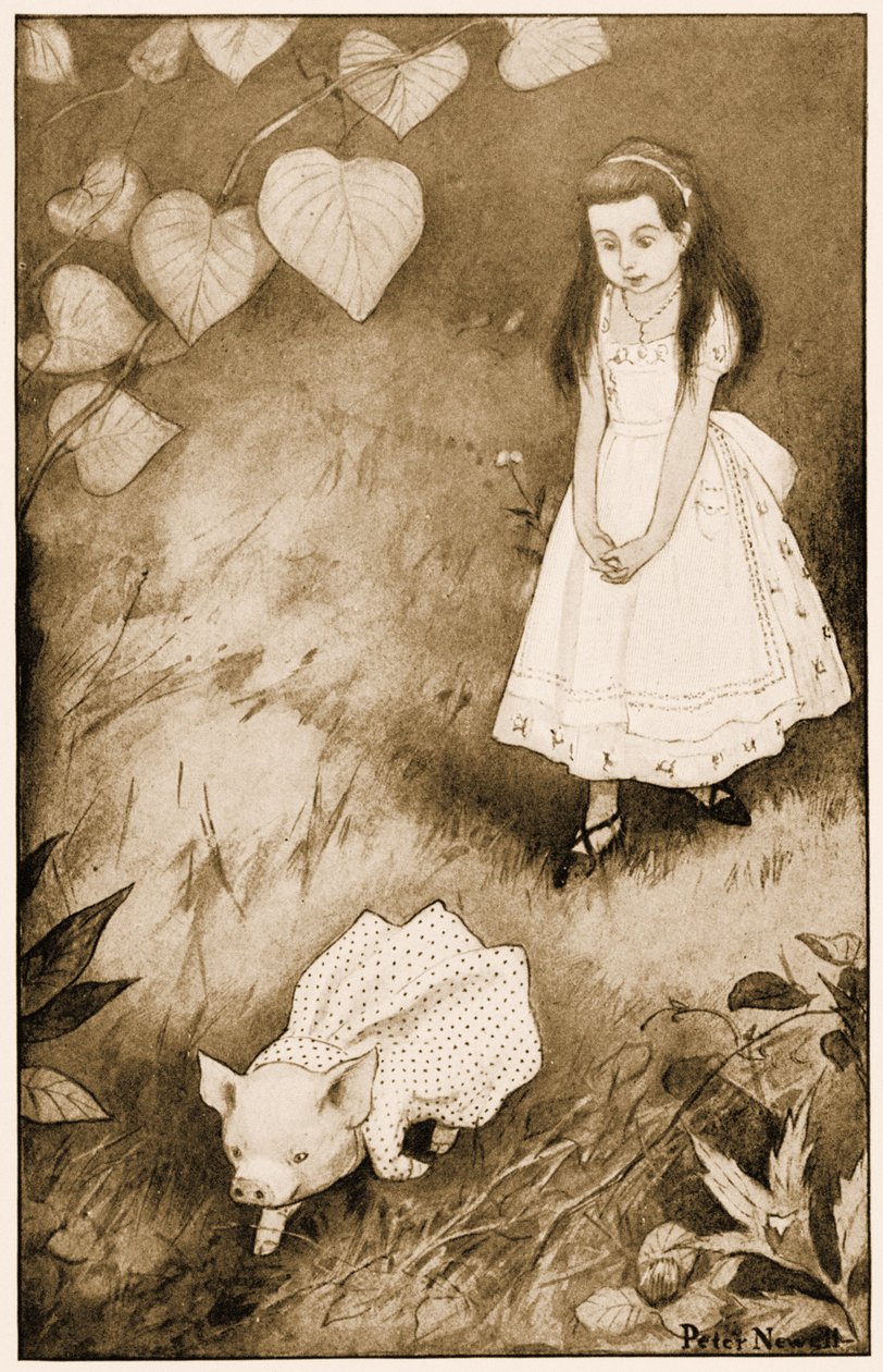 "Szóval letette a kis lényt", illusztráció Lewis Carroll Alice Csodaországban kalandjaihoz, 1901 alkotó: Peter Newell