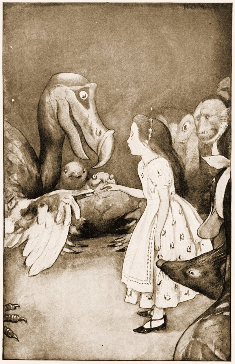 "A Dodo ünnepélyesen bemutatta a gyűszűt", illusztráció Lewis Carroll Alice Csodaországban című kalandjaihoz, 1901 alkotó: Peter Newell