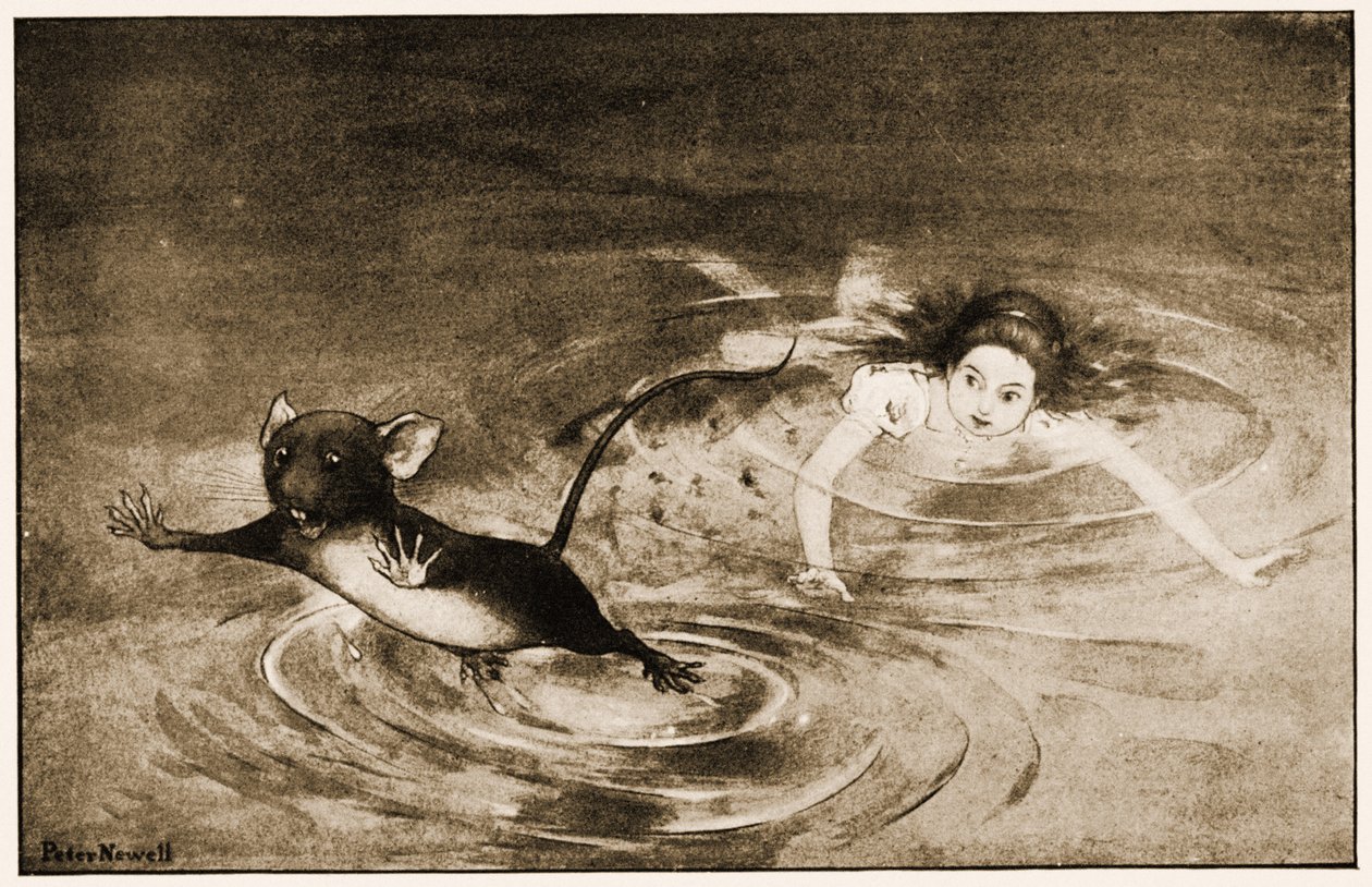 "Az egér hirtelen kiugrott a vízből", illusztráció Lewis Carroll Alice Csodaországban című könyvéhez, 1901 alkotó: Peter Newell