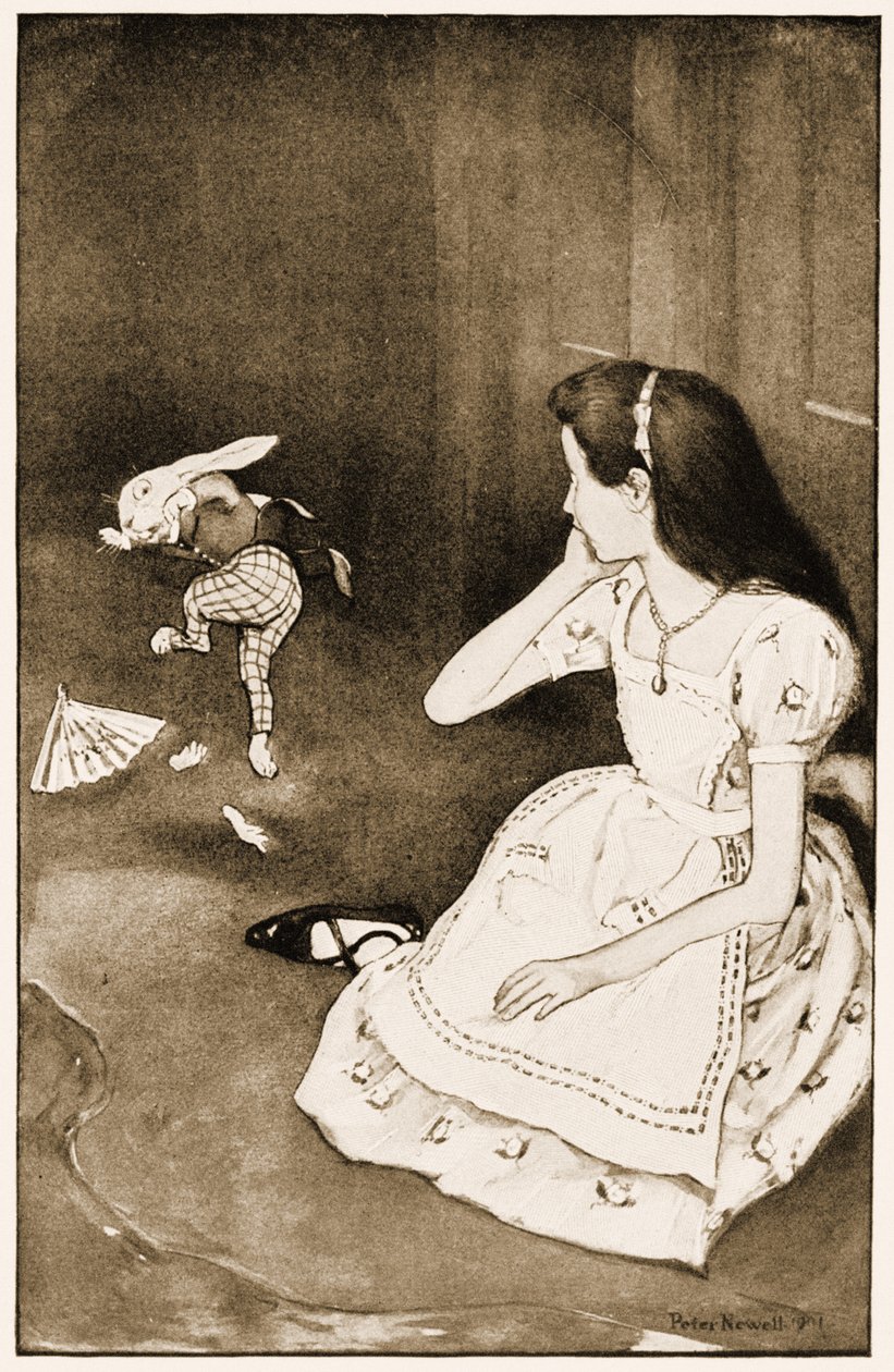 A nyúl erőszakosan indult, illusztráció Lewis Carrolls Alices kalandjai csodaországban, 1901 alkotó: Peter Newell