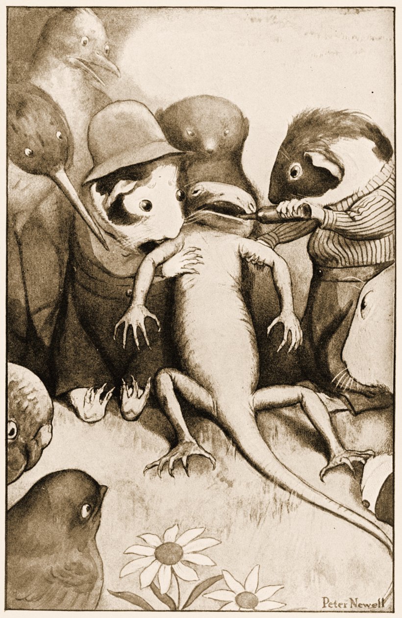 A szegény kis gyík, Bill középen volt feltartva, illusztrációja Lewis Carrolls Alices kalandjai Csodaországban, 1901-ben. alkotó: Peter Newell