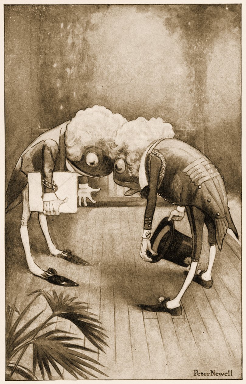 "Mindketten mélyen meghajoltak, és a fürtjeik összegabalyodtak", illusztráció Lewis Carroll Alice Csodaországban című könyvéhez, 1901 alkotó: Peter Newell