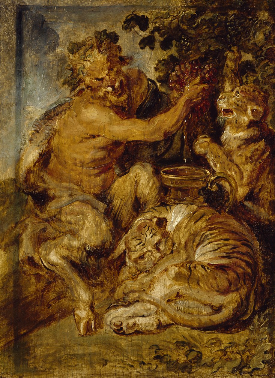 Szőlőt préselő szatír tigrissel és leopárddal, 1618 körül alkotó: Peter Paul Rubens