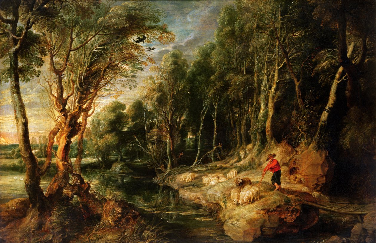 Pásztor nyájával erdős tájon, 1615-22 körül (olaj a tölgyen) alkotó: Peter Paul Rubens