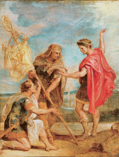 Konstantin Krisztus monogramjával, mint császári jelzéssel fogadja a mércét alkotó: Peter Paul Rubens