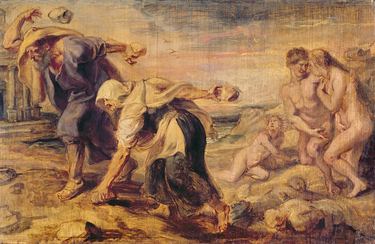 Deucalion és Pyrrha úgy népesíti meg a világot, hogy köveket dobál a hátuk mögé, 1636 körül alkotó: Peter Paul Rubens
