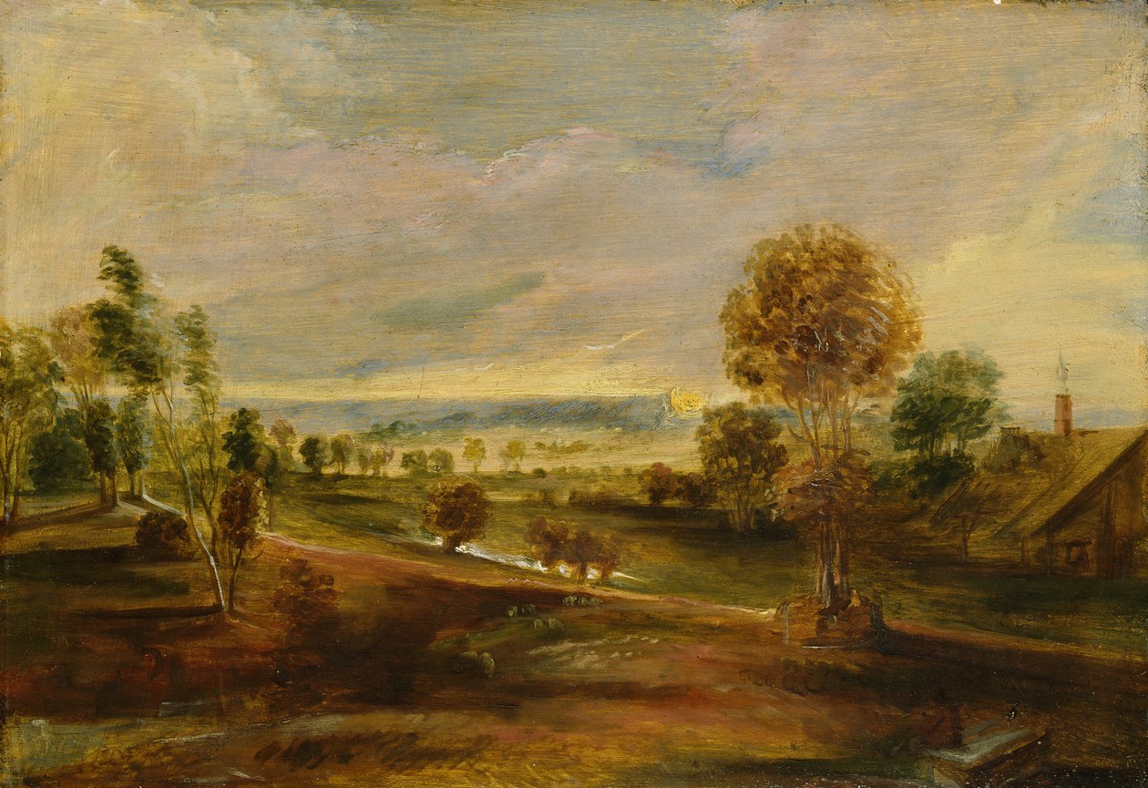Táj gazdasági épületekkel: naplemente, 17. század alkotó: Peter Paul Rubens